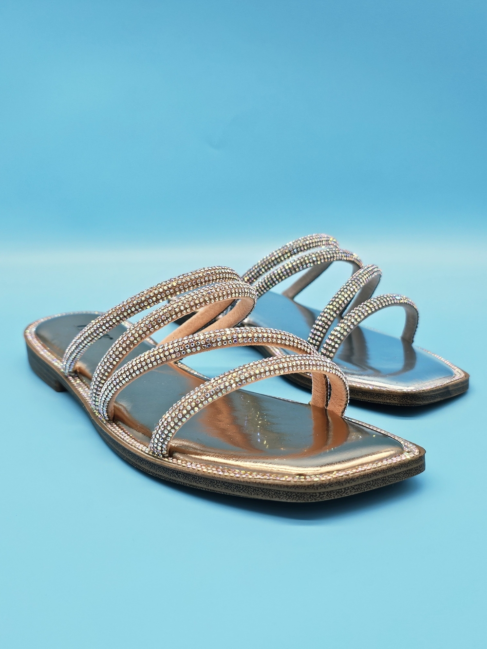 Women's Metallic Rhinestone Strap Slide Sandals - Rose Gold
